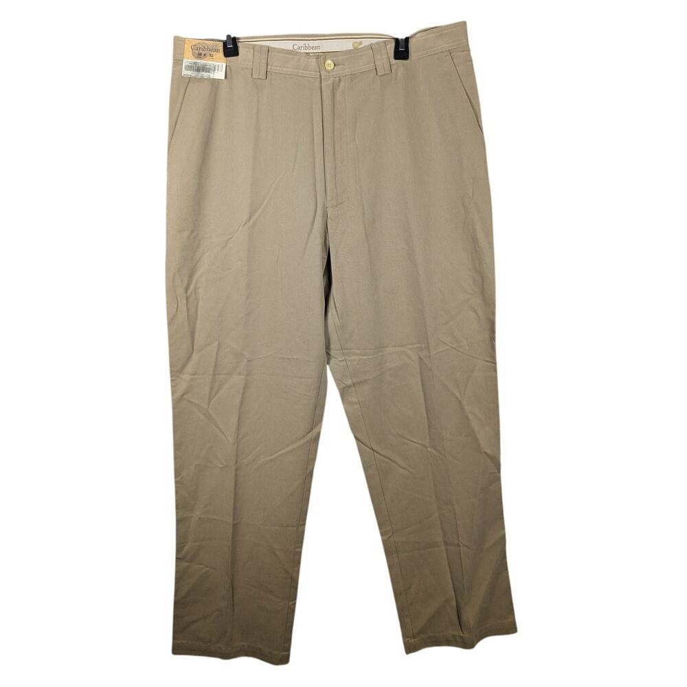 Caribbean Pants Mens 38x32 Khaki Classic Flat Front Cotton Tencel Twill Blend